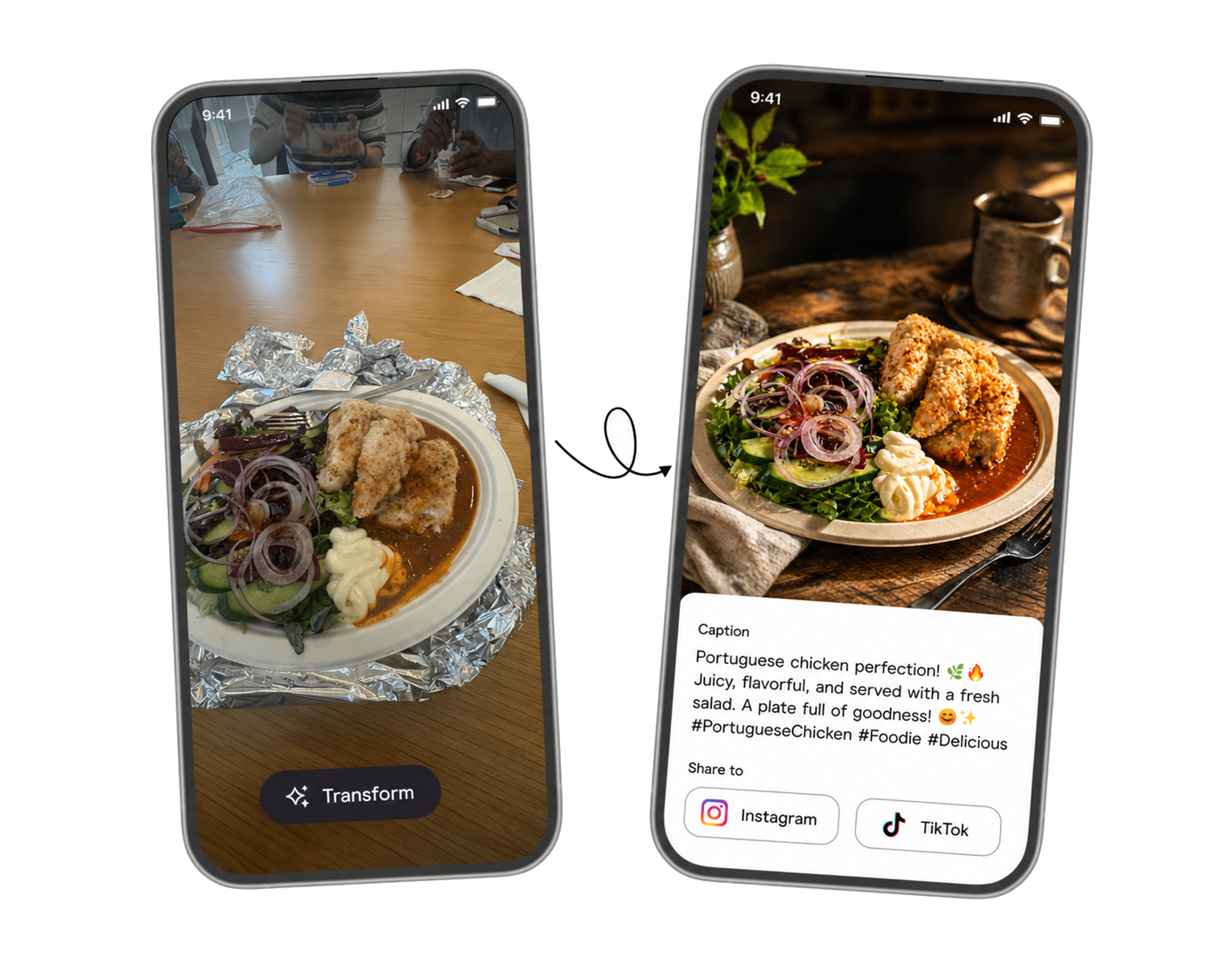 Two iPhones showing a food photo before and the finished social post after transformation